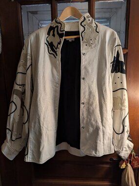 Steven Cole Leather Art Jacket -80s -S/sm-Balloon sleeves-Band collar-Cream/blk